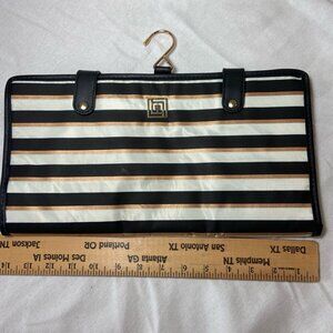 Black White Striped Hanging Jewelry Organizer Travel Roll w/ Hook & Mirror